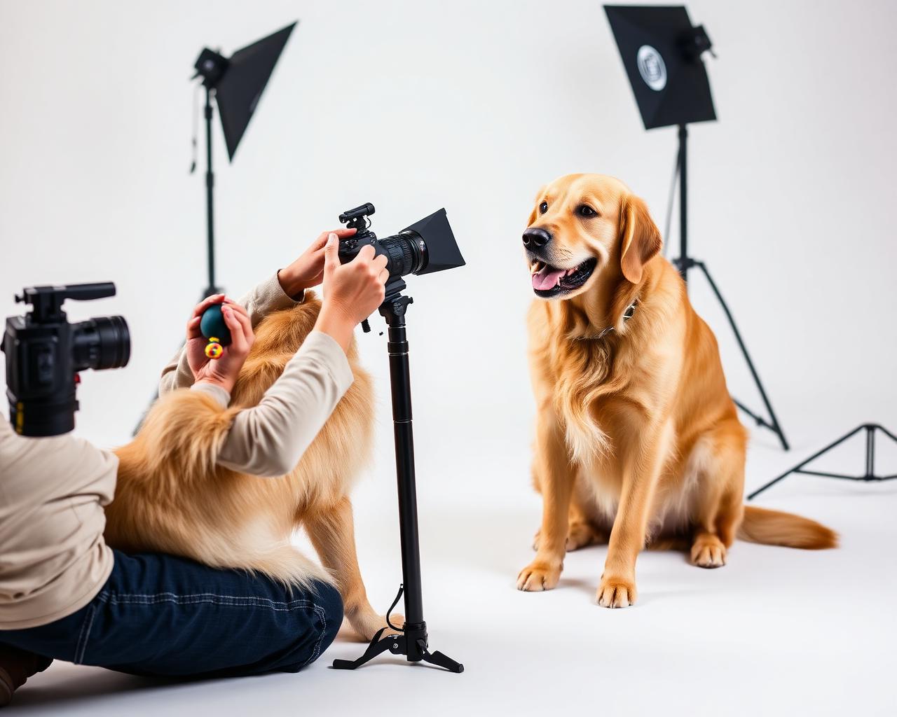 Photographer using treats and a squeaker to capture a golden retriever
